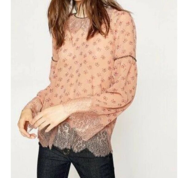 The Kooples Floral Beaded Lace Top Womens Small Pink Bell Sleeve Boho Blouse - Picture 2 of 12